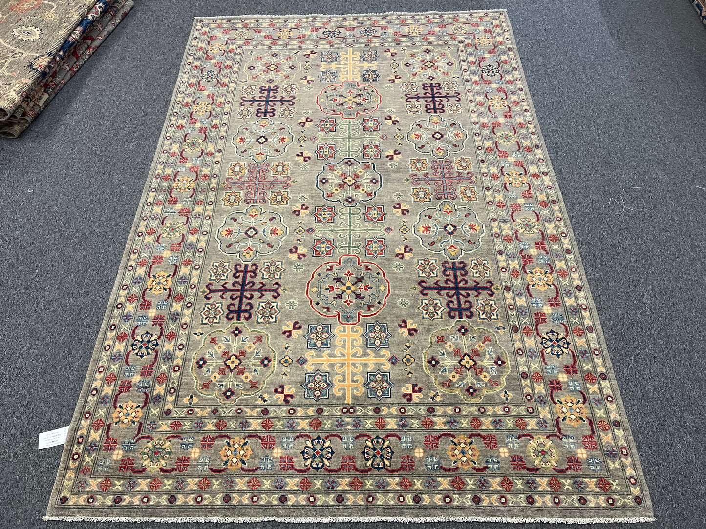 Kazak Gray Geometric 6x9 Handmade Wool Rug # 13657