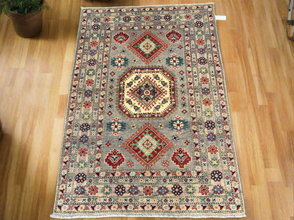 Kazak Gray Geometric 4X6 Handmade Wool Rug # 13935