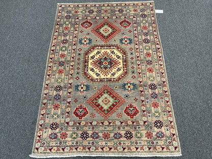 Kazak Gray Geometric 4X6 Handmade Wool Rug # 13935