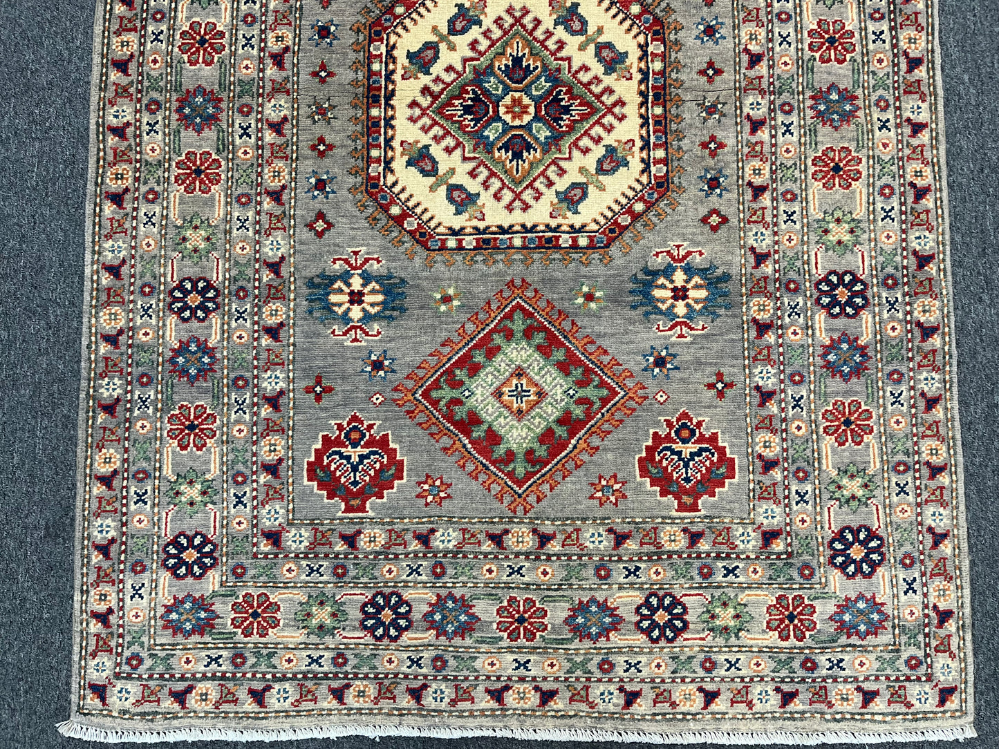 Kazak Gray Geometric 4X6 Handmade Wool Rug # 13935