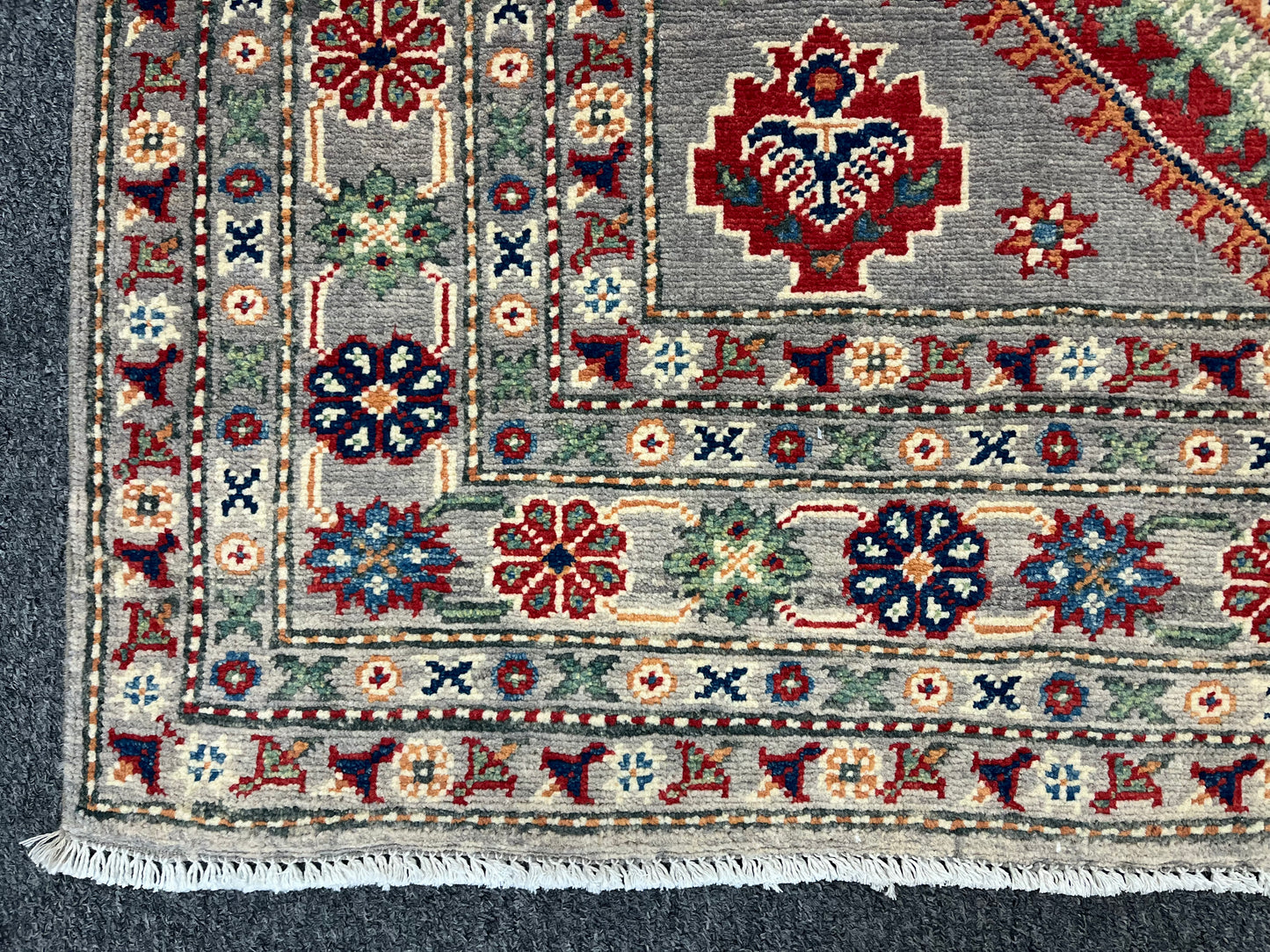 Kazak Gray Geometric 4X6 Handmade Wool Rug # 13935