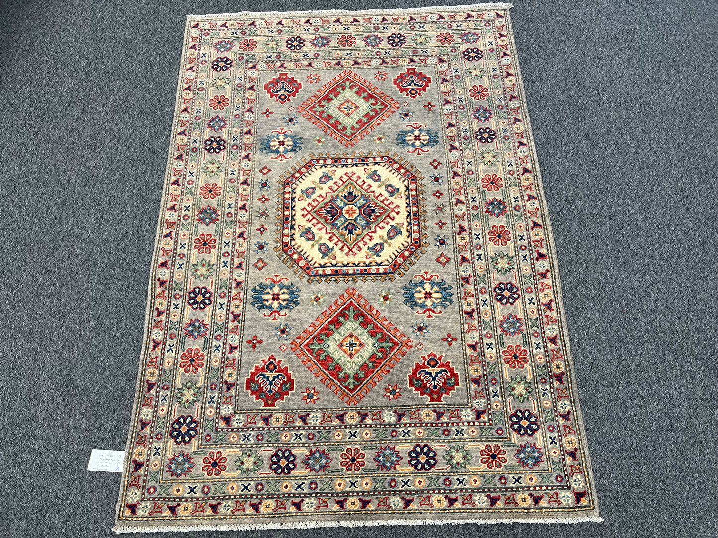 Kazak Gray Geometric 4X6 Handmade Wool Rug # 13935