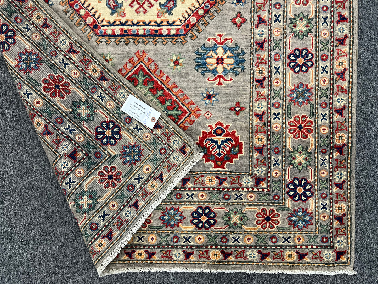 Kazak Gray Geometric 4X6 Handmade Wool Rug # 13935