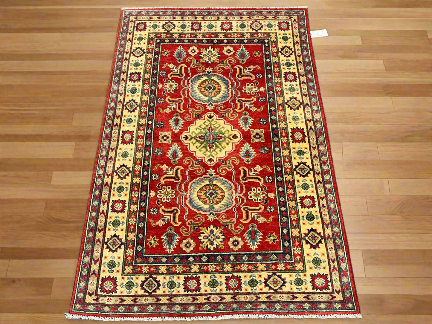 Kazak Red Geometric 4X6 Handmade Wool Rug # 13937