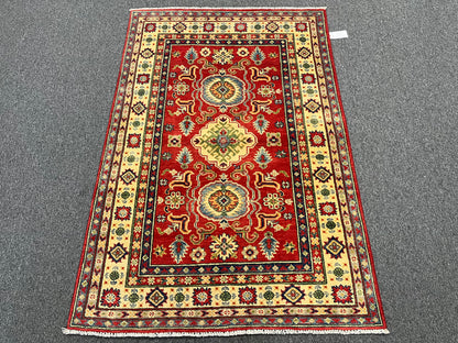 Kazak Red Geometric 4X6 Handmade Wool Rug # 13937