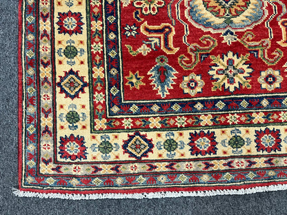 Kazak Red Geometric 4X6 Handmade Wool Rug # 13937