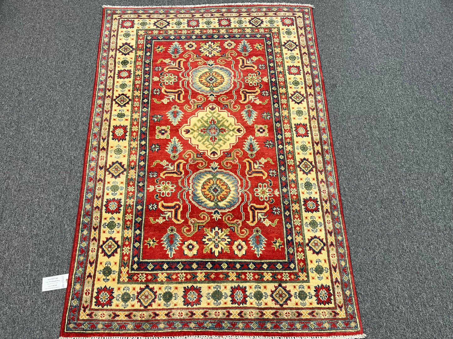 Kazak Red Geometric 4X6 Handmade Wool Rug # 13937