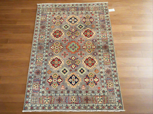 Kazak Gray Geometric 4X6 Handmade Wool Rug # 13936