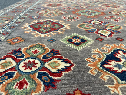 Kazak Gray Geometric 4X6 Handmade Wool Rug # 13936