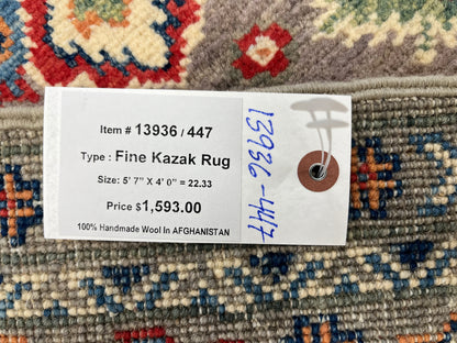 Kazak Gray Geometric 4X6 Handmade Wool Rug # 13936