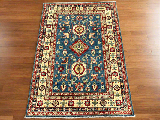 Kazak Light Blue Geometric 4X6 Handmade Wool Rug # 13939