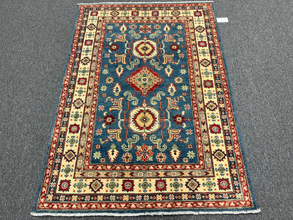 Kazak Light Blue Geometric 4X6 Handmade Wool Rug # 13939