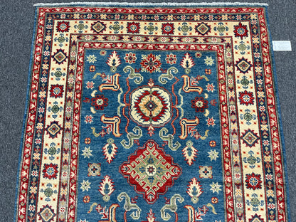 Kazak Light Blue Geometric 4X6 Handmade Wool Rug # 13939