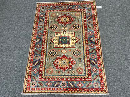 Kazak Gray Geometric 4X6 Handmade Wool Rug # 13650