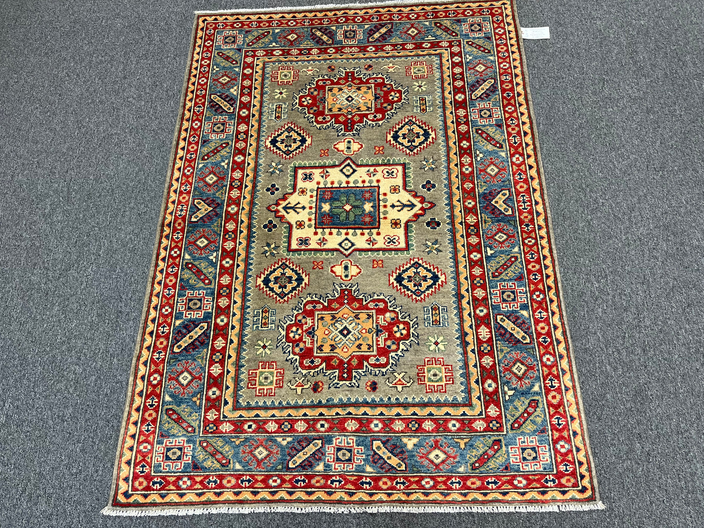 Kazak Gray Geometric 4X6 Handmade Wool Rug # 13650