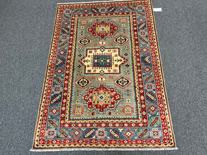 Kazak Gray Geometric 4X6 Handmade Wool Rug # 13650