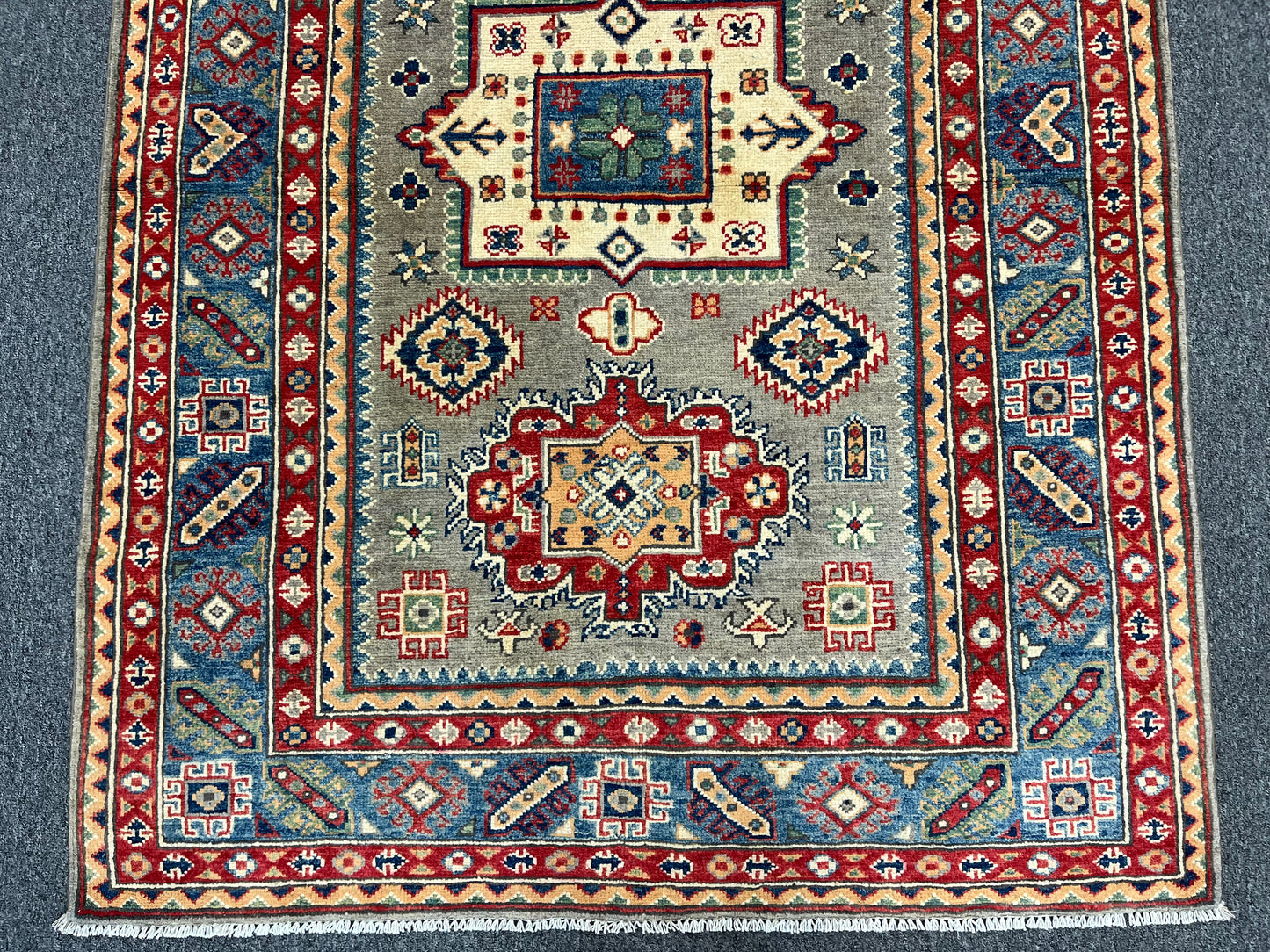 Kazak Gray Geometric 4X6 Handmade Wool Rug # 13650