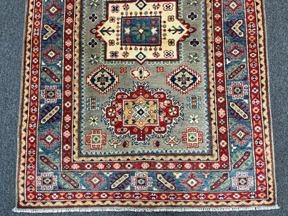 Kazak Gray Geometric 4X6 Handmade Wool Rug # 13650