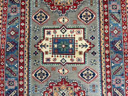 Kazak Gray Geometric 4X6 Handmade Wool Rug # 13650