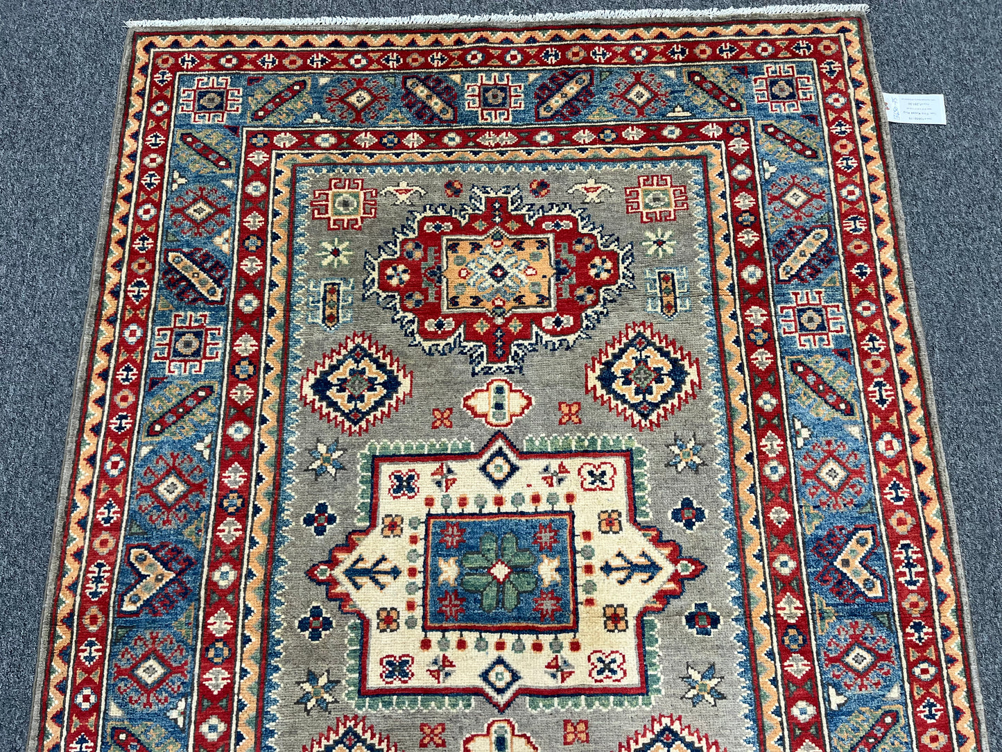 Kazak Gray Geometric 4X6 Handmade Wool Rug # 13650