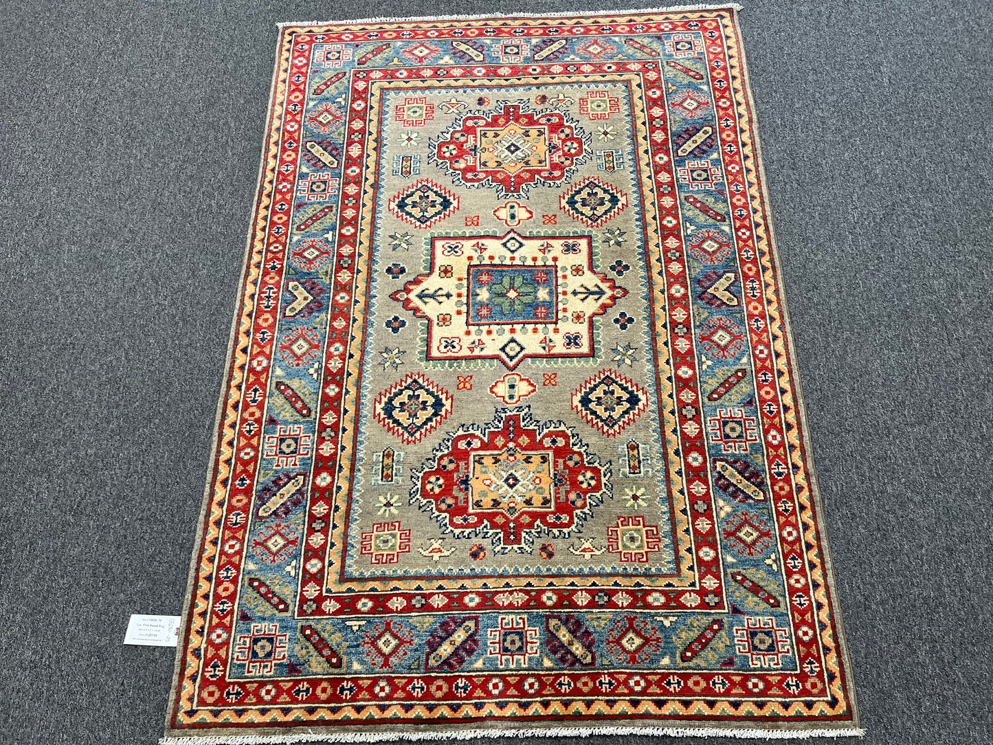 Kazak Gray Geometric 4X6 Handmade Wool Rug # 13650