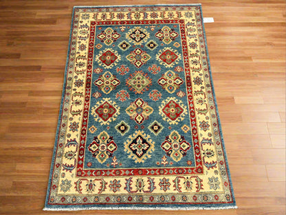 Kazak Light Blue Geometric 4X6 Handmade Wool Rug # 13938