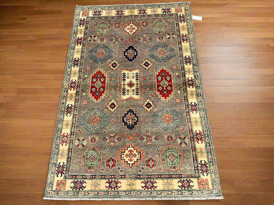 Kazak Gray Geometric 4X6 Handmade Wool Rug # 13592