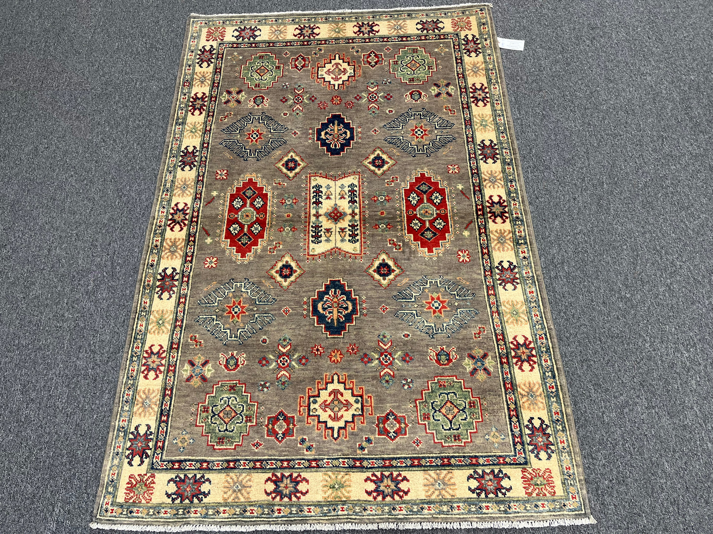 Kazak Gray Geometric 4X6 Handmade Wool Rug # 13592