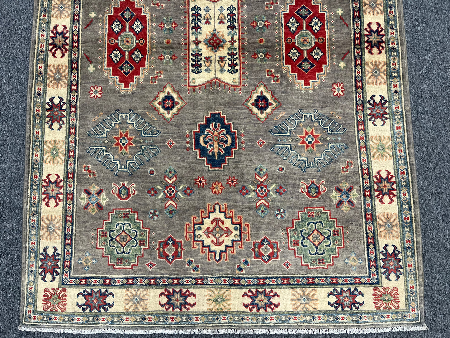 Kazak Gray Geometric 4X6 Handmade Wool Rug # 13592