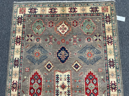 Kazak Gray Geometric 4X6 Handmade Wool Rug # 13592