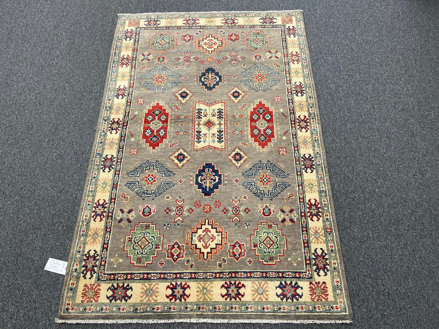 Kazak Gray Geometric 4X6 Handmade Wool Rug # 13592