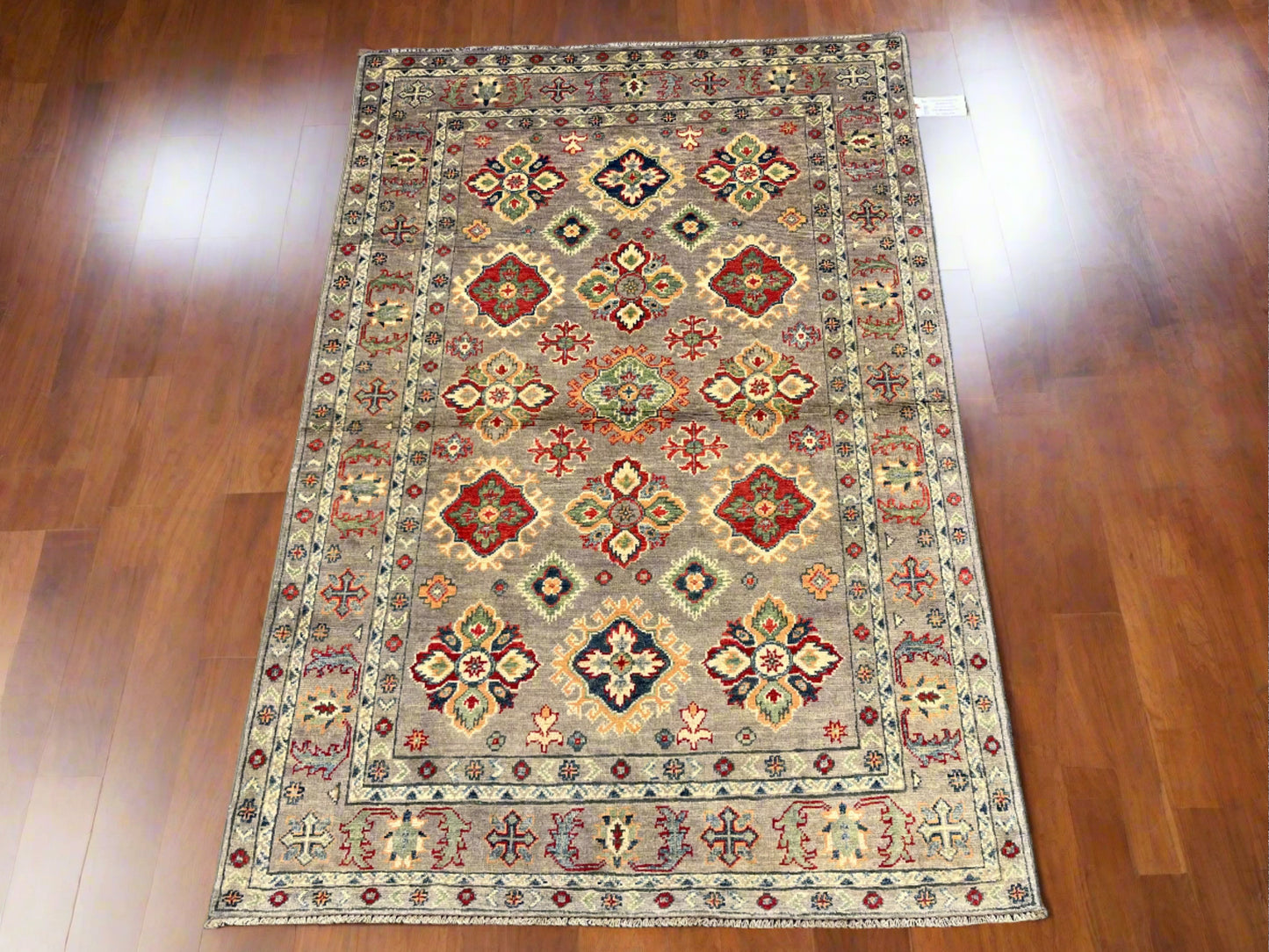 Kazak Gray Geometric 4X6 Handmade Wool Rug # 13593