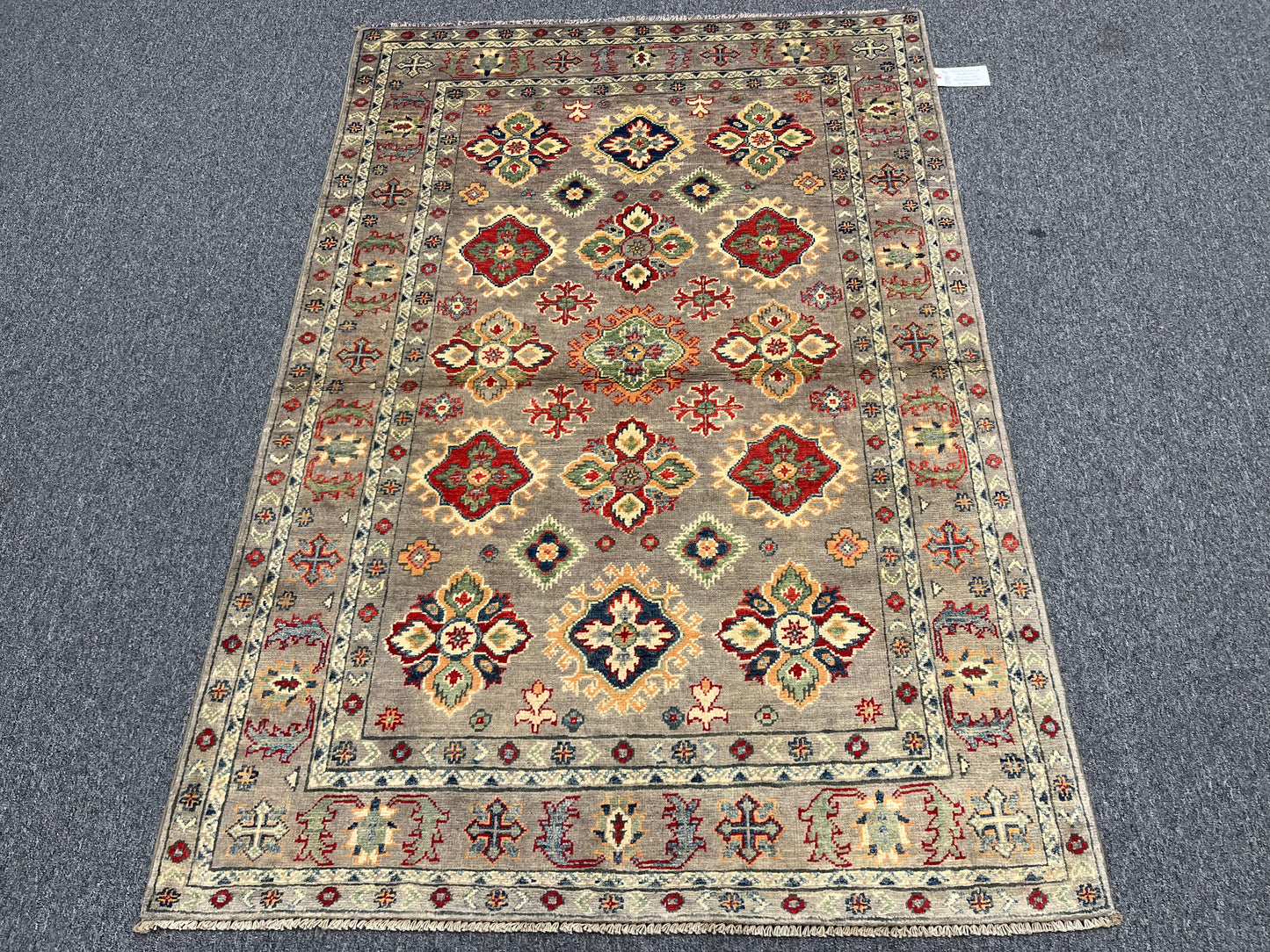 Kazak Gray Geometric 4X6 Handmade Wool Rug # 13593