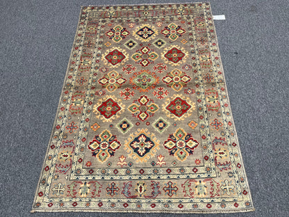 Kazak Gray Geometric 4X6 Handmade Wool Rug # 13593