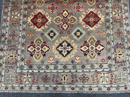 Kazak Gray Geometric 4X6 Handmade Wool Rug # 13593