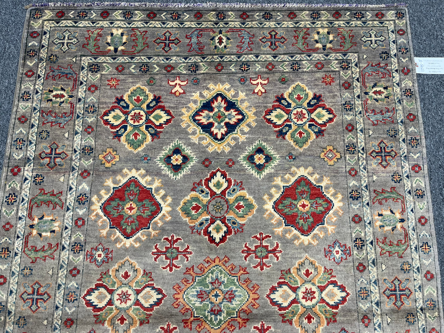 Kazak Gray Geometric 4X6 Handmade Wool Rug # 13593