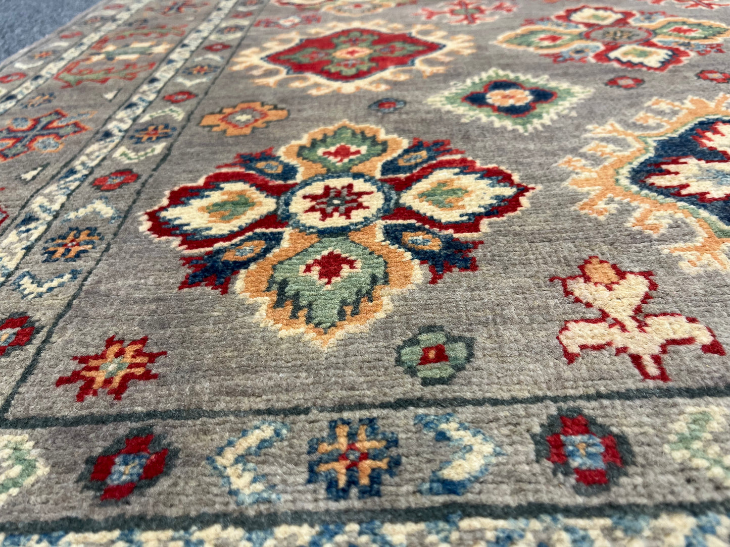 Kazak Gray Geometric 4X6 Handmade Wool Rug # 13593