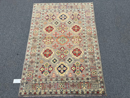 Kazak Gray Geometric 4X6 Handmade Wool Rug # 13593