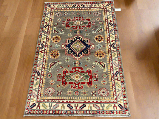 Kazak Gray Geometric 4X6 Handmade Wool Rug # 13595