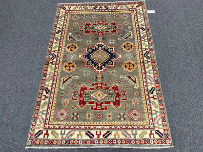 Kazak Gray Geometric 4X6 Handmade Wool Rug # 13595