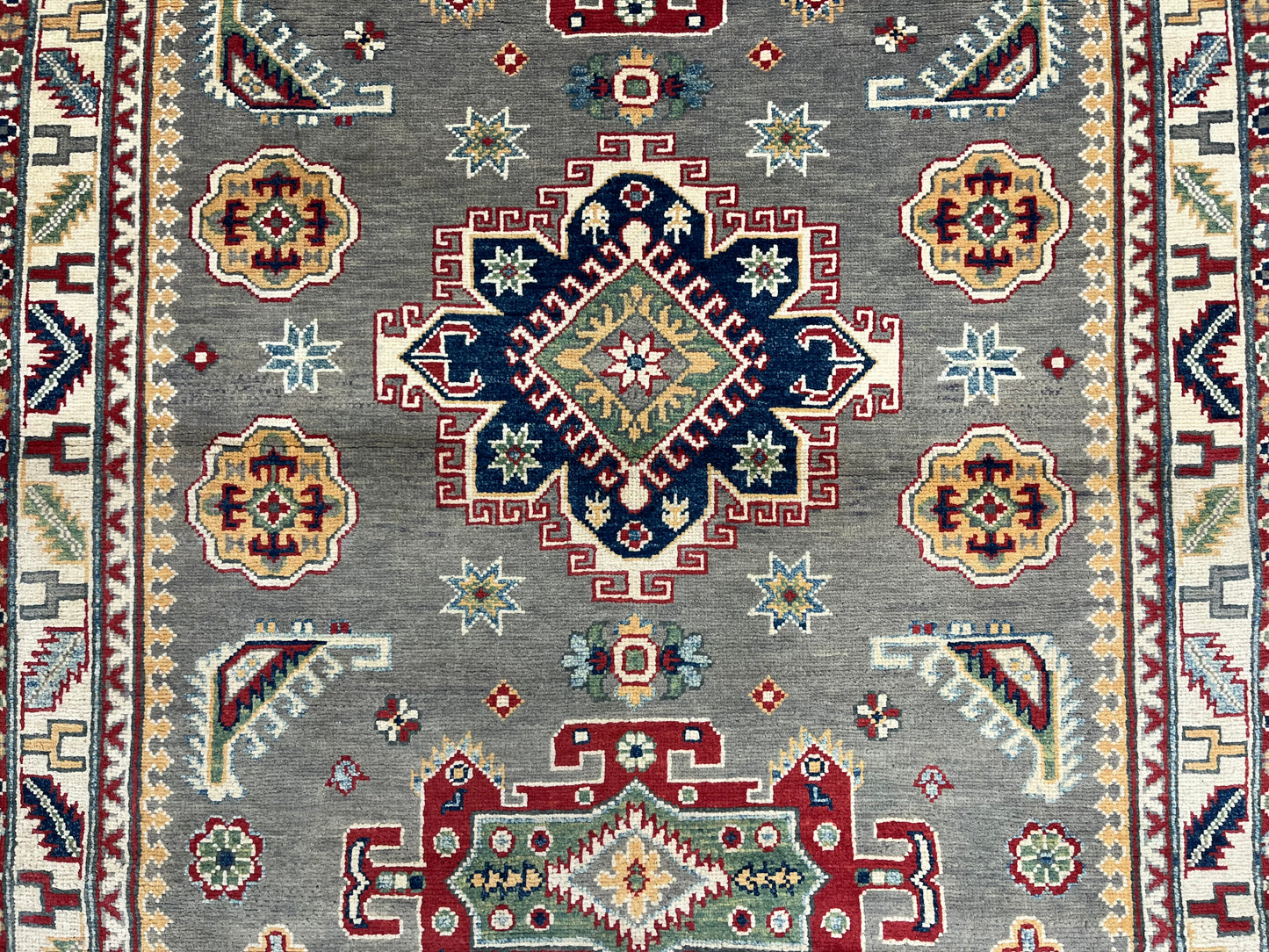 Kazak Gray Geometric 4X6 Handmade Wool Rug # 13595