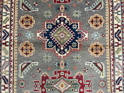 Kazak Gray Geometric 4X6 Handmade Wool Rug # 13595