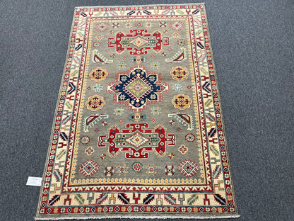 Kazak Gray Geometric 4X6 Handmade Wool Rug # 13595