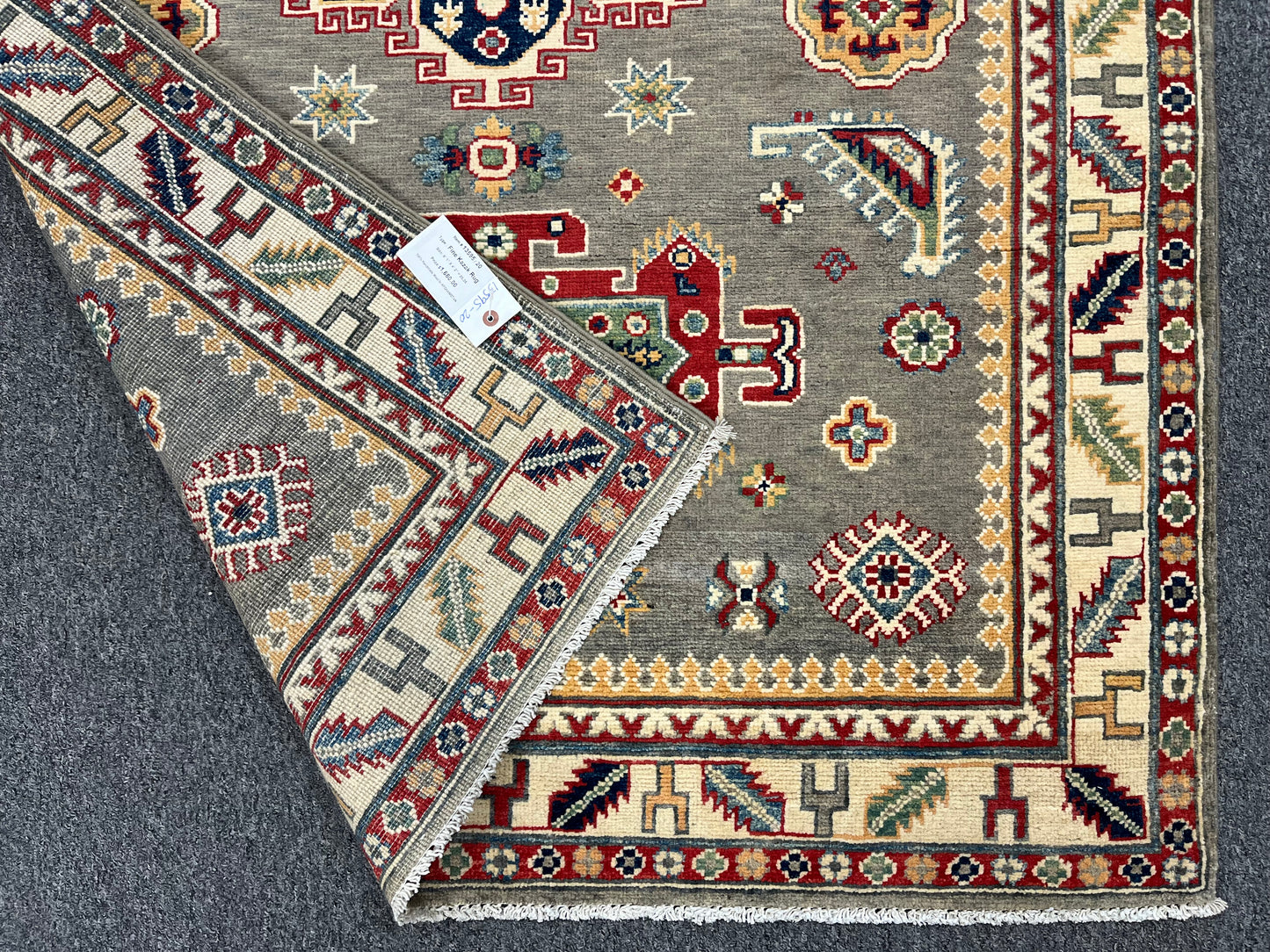 Kazak Gray Geometric 4X6 Handmade Wool Rug # 13595