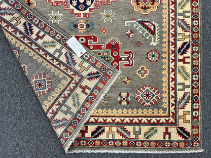 Kazak Gray Geometric 4X6 Handmade Wool Rug # 13595