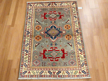 Kazak Gray Geometric 4X6 Handmade Wool Rug # 13597