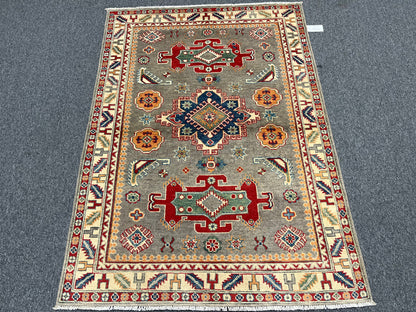 Kazak Gray Geometric 4X6 Handmade Wool Rug # 13597