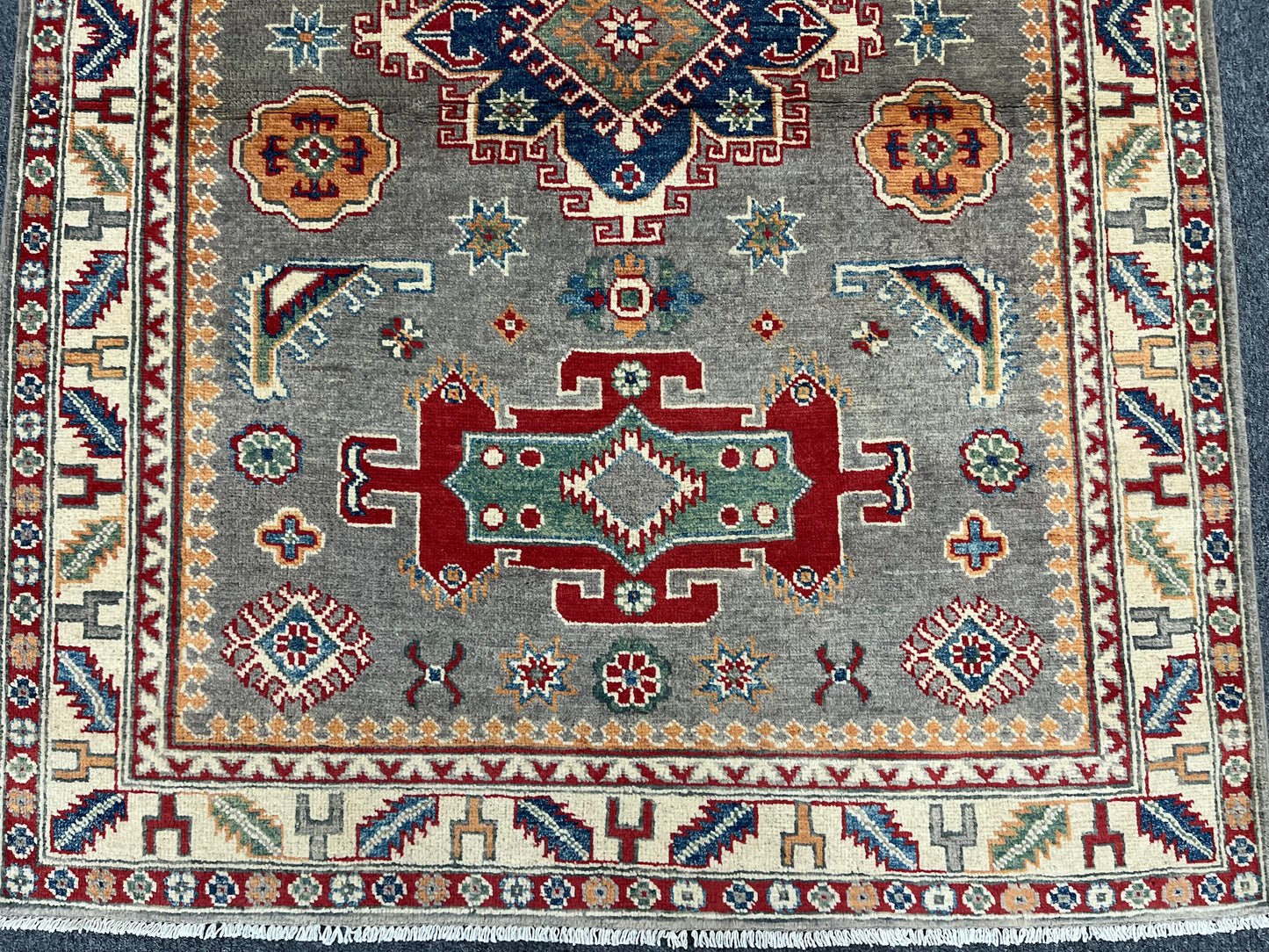 Kazak Gray Geometric 4X6 Handmade Wool Rug # 13597