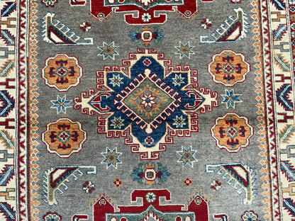 Kazak Gray Geometric 4X6 Handmade Wool Rug # 13597