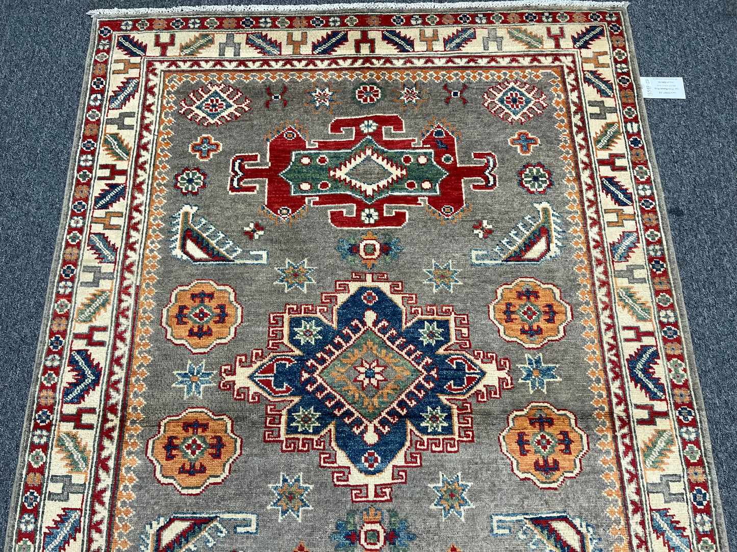 Kazak Gray Geometric 4X6 Handmade Wool Rug # 13597